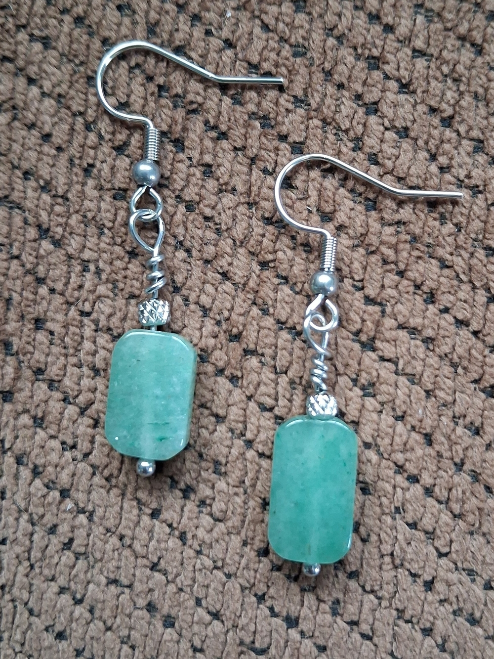 Green Stone Bead Drop Earrings with Silver Accents